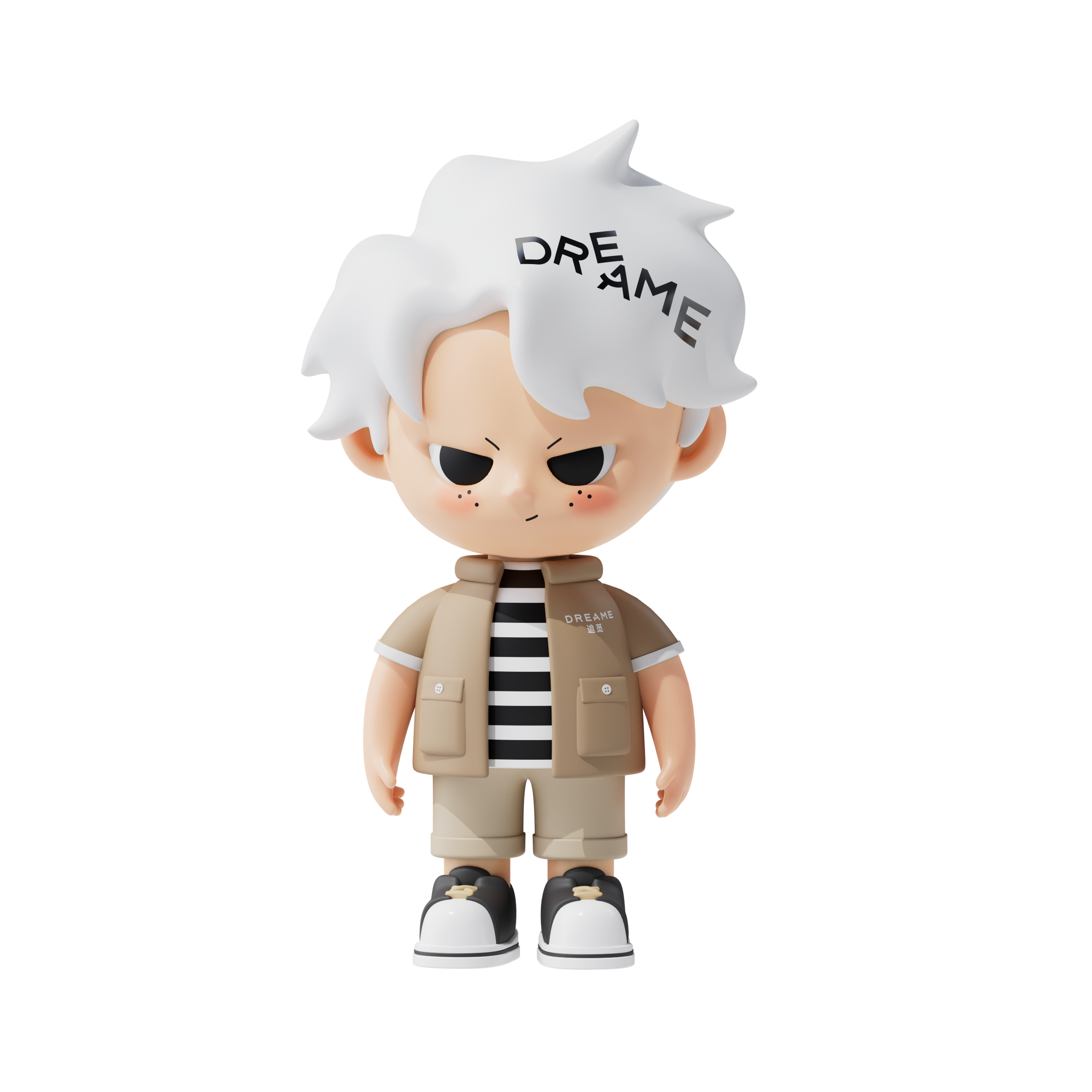 Dream Boy blind box figure with white hair, beige outfit, and cool expression.