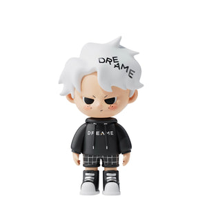 Dream Boy collectible figure with white hair, black hoodie, and serious expression.