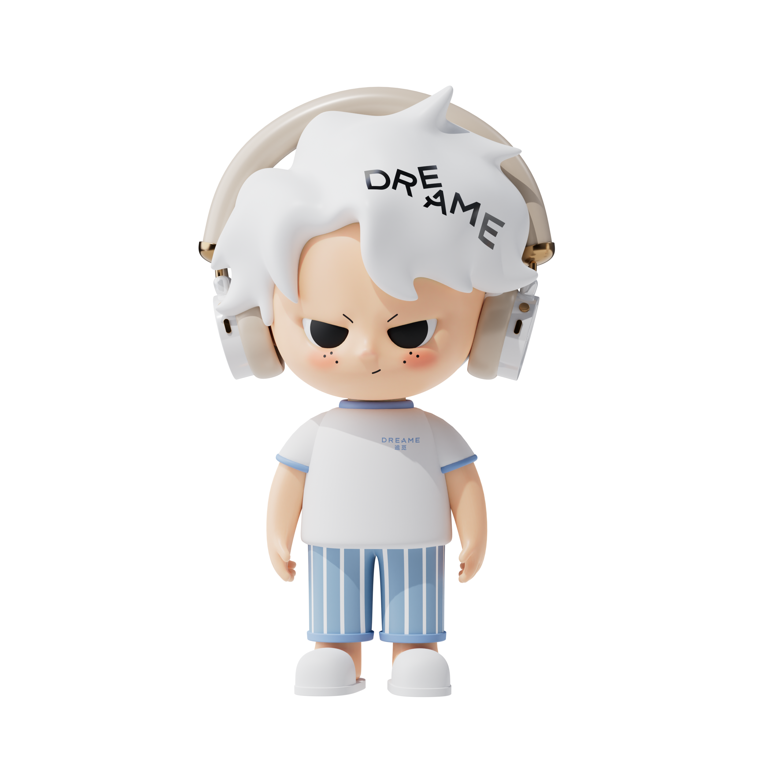 Dream Boy collectible figure with headphones, white hair, and casual clothes.