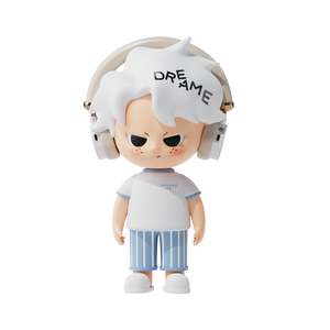 Dream Boy collectible figure with headphones, white hair, and casual clothes.